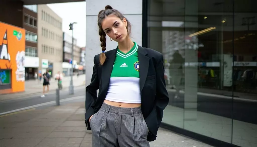 Model mit Trikot und Blazer im Blokette Stil